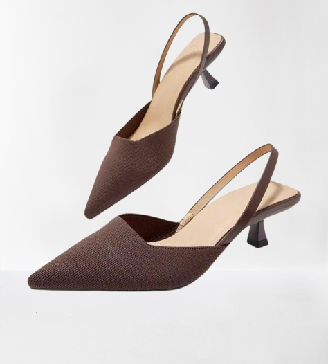 حذاء كعب نسائي بني Slingback بمقدمة مدببة