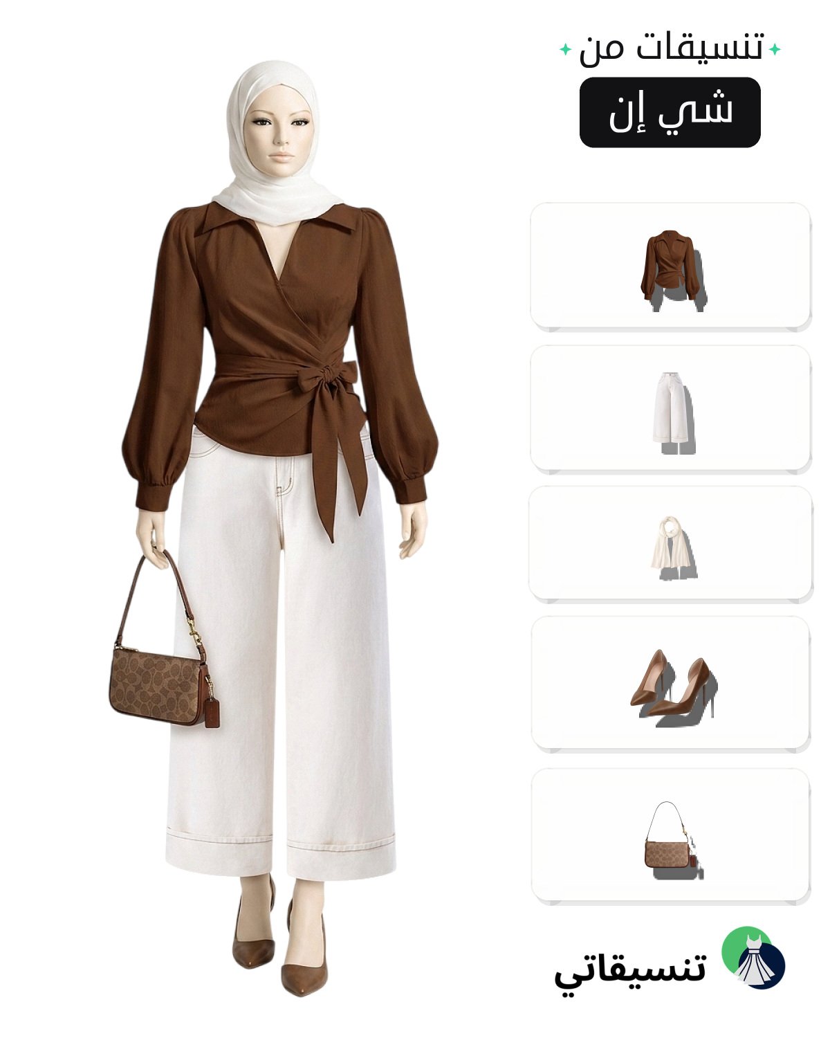 تنسيقات ملابس للمحجبات بإطلالة بنية وبنطال أبيض وحذاء أنيق