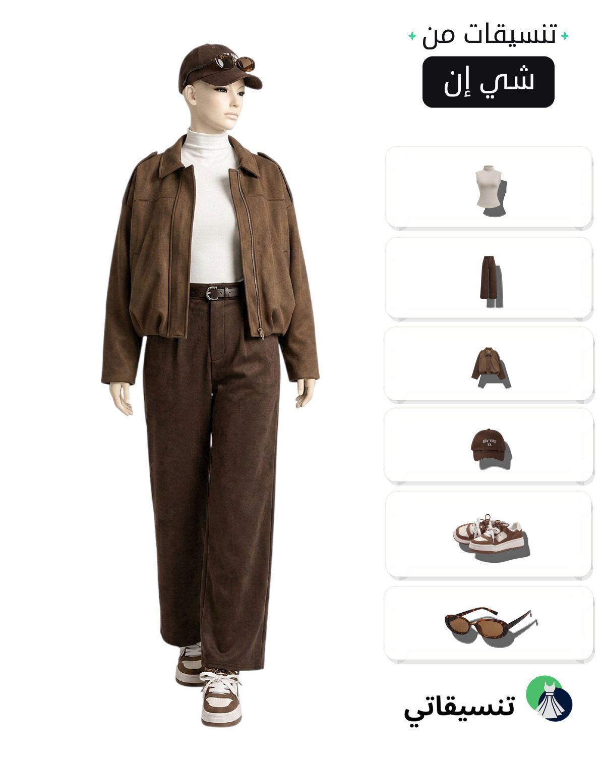 تنسيقات بناطيل بإطلالة بنية مع بلوزة بيضاء وكاب