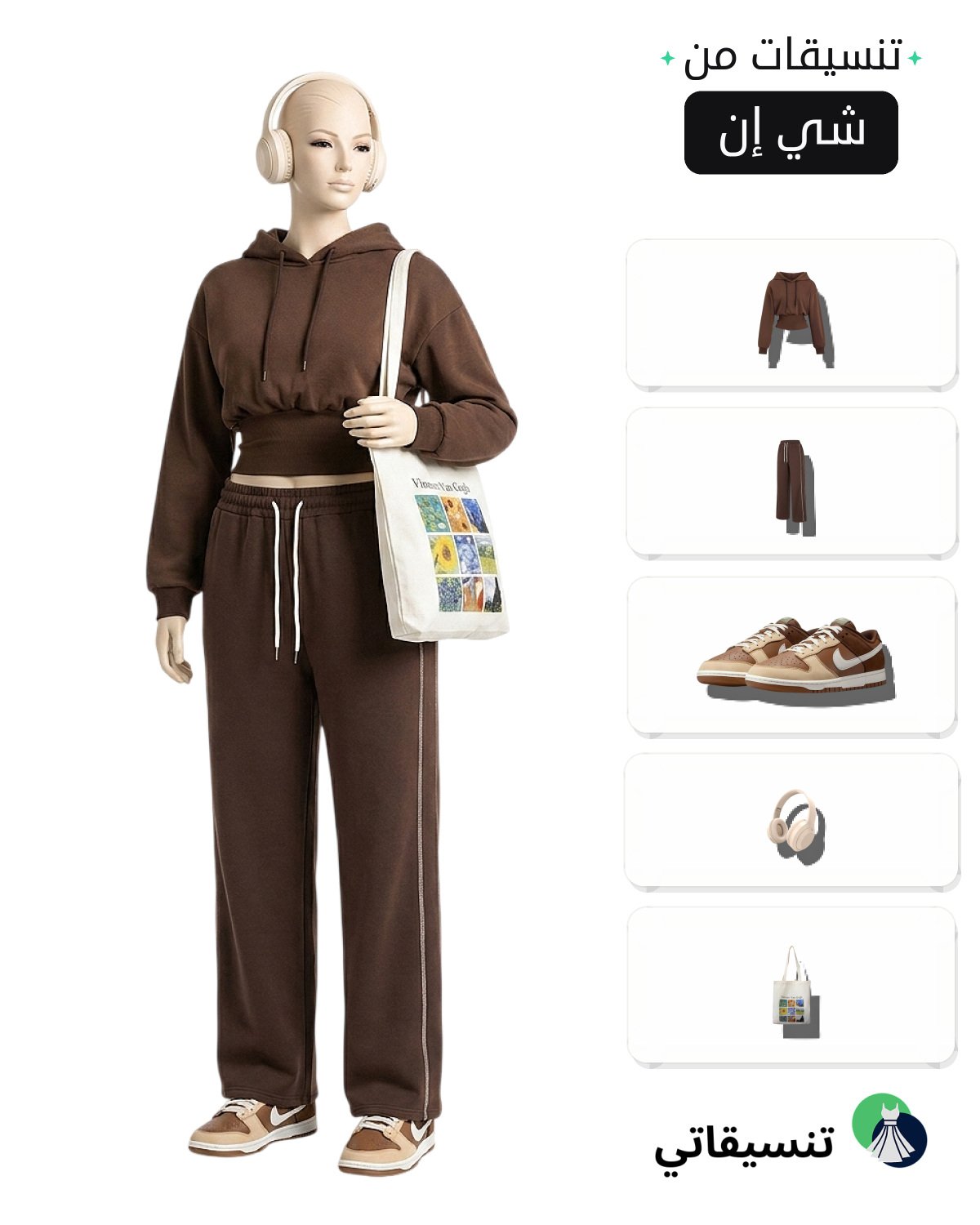 تنسيقات ملابس كاجوال بإطلالة بنية رياضية مع سماعات