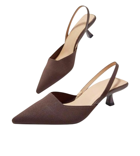 حذاء كعب نسائي بني Slingback بمقدمة مدببة