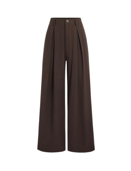 بنطلون واسع الساق (Wide-leg) بخصر مرتفع ولون بني داكن سادة.
